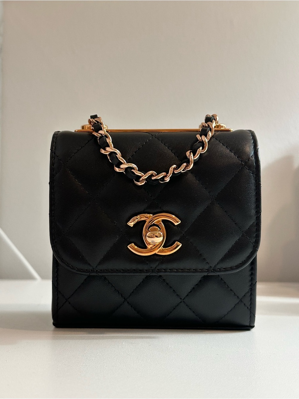 CHANEL Lambskin Quilted Mini Trendy CC Bag in Black, Rose Gold Hardware